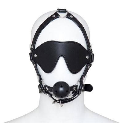 Bolas de couro Vestido de cabeça Máscara de olhos Arnês Boca aberta BDSM Bondage