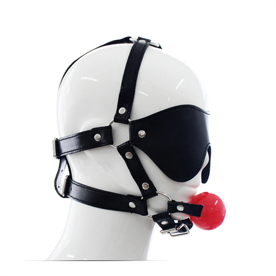Bolas de couro Vestido de cabeça Máscara de olhos Arnês Boca aberta BDSM Bondage