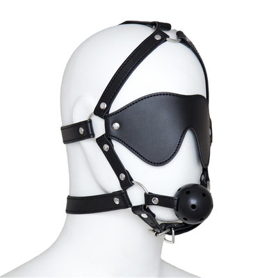 Bolas de couro Vestido de cabeça Máscara de olhos Arnês Boca aberta BDSM Bondage
