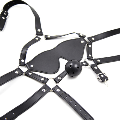 Bolas de couro Vestido de cabeça Máscara de olhos Arnês Boca aberta BDSM Bondage