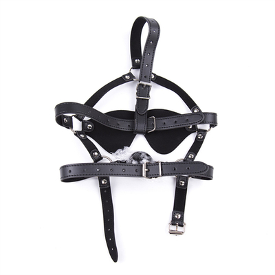Bolas de couro Vestido de cabeça Máscara de olhos Arnês Boca aberta BDSM Bondage