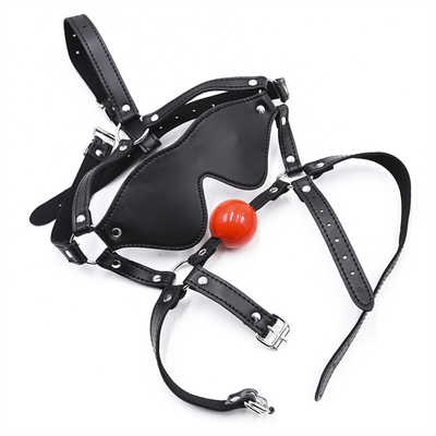 Bolas de couro Vestido de cabeça Máscara de olhos Arnês Boca aberta BDSM Bondage